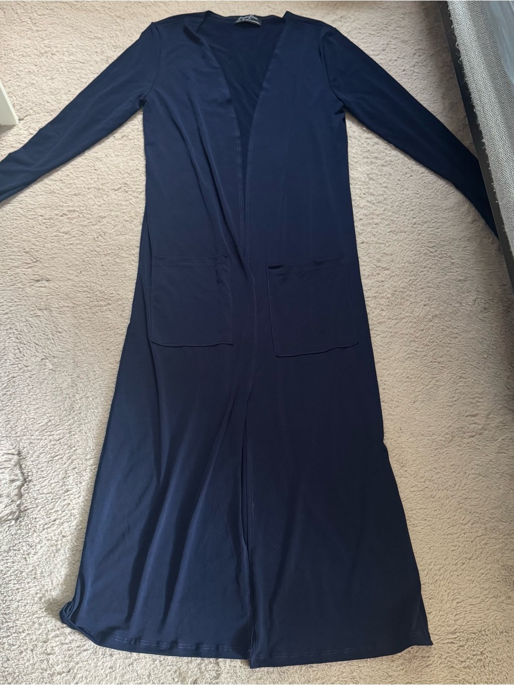 Brigitte Brianna Sexy Modest Duster Lifestyle Cardigan Navy Blue Size Small Long - Picture 2 of 5